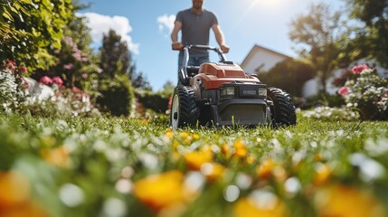 Low-angle view of a man pushing a lawn mower through a sunny garden with fresh green grass and colorful flowers, showcasing outdoor maintenance and gardening.