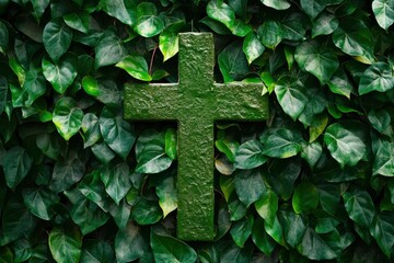 Wall Mural - The Christianity cross of green leaves. Baptism, Easter, church holiday background , ai