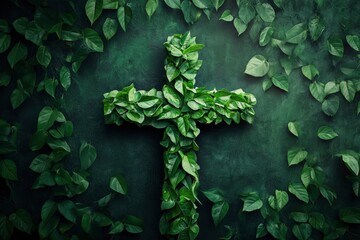 The Christianity cross of green leaves. Baptism, Easter, church holiday background , ai