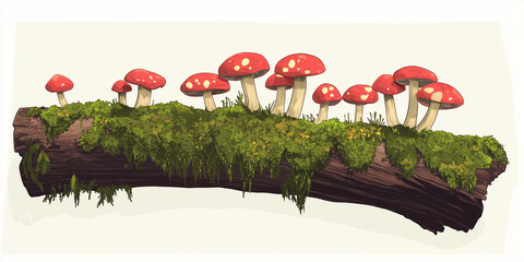 fallen log covered in moss, with mushrooms sprouting along its length, flat illustration