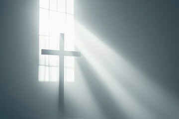 very bright image of a cross on a white outdoor studio background with beautiful lighting , ai