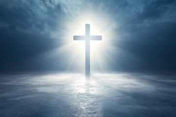 very bright image of a cross on a white outdoor studio background with beautiful lighting , ai