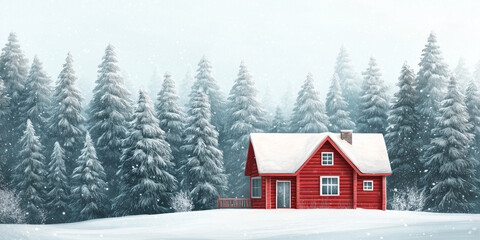 Wall Mural - Solitary cabin with a steep roof, surrounded by tall, snow-covered pines, flat illustration