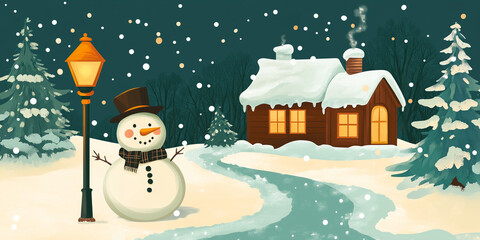 Wall Mural - Snowman beside a lamppost with a snowy path leading to a small house, flat illustration