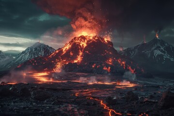 Exploding Volcano Erupting with Ash Clouds and Glowing Lava Streams.