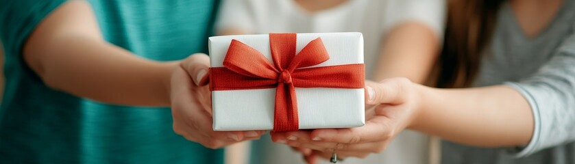 two people joyfully exchanging a beautifully wrapped gift, symbolizing celebration and connection.