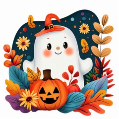 Wall Mural - Adorable ghost, with a pumpkin and colorful leaves, cozy fall Halloween, Watercolor style