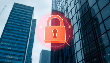 Wall Mural - Image of security padlock icon, financial and stock market data processing against tall building isolated with white highlights, png