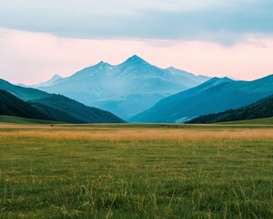 A vast green meadow stretches towards majestic blue mountains under a soft, cloudy sky.