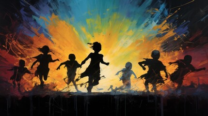 Wall Mural - Artistic depiction of children in silhouette, racing away from an abstract,