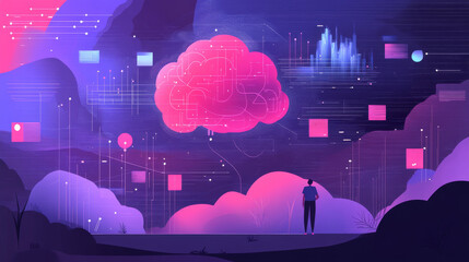 2d flat illustration featuring concepts such as ai, analysis, automation, big data, brain, business,