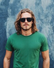 Poster - Handsome model poses in a blank t-shirt and sunglasses, exuding charm