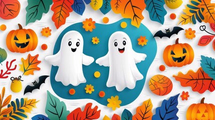 Wall Mural - High-resolution vector of an abstract cute Halloween background with charming ghosts and vibrant patterns, artistic and fun design 