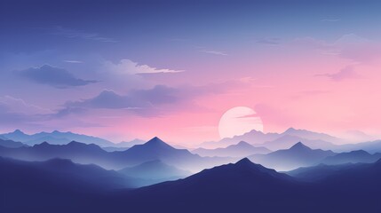 Wall Mural - Silhouetted mountain range at dusk with a pink sky and large, white sun.