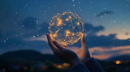 Abstract science concept featuring a global network connection represented by a circle, with hands holding it against a night sky background, in a soft focus and blue tone.