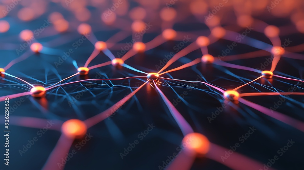 A glowing AI-powered neural network visualized as an interconnected web ...