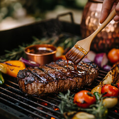 Grilled ribs and meat steak and salmon being brushed with barbecue sauce on a barbecue grill with colorful vegetables in the background