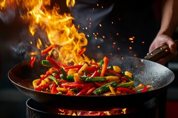 Canvas Print - A chef skillfully flips colorful vegetables in a sizzling wok, creating a spectacle of flame and motion in a busy kitchen environment