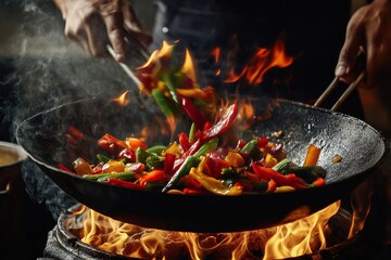 Canvas Print - A chef tosses vibrant vegetables in a hot wok, flames dancing as they sauté over an open flame, showcasing their culinary expertise and passion for cooking