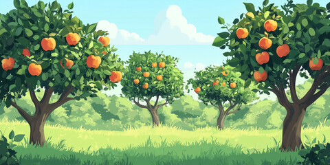 View of apple trees, with ripe fruit visible among the branches, flat illustration