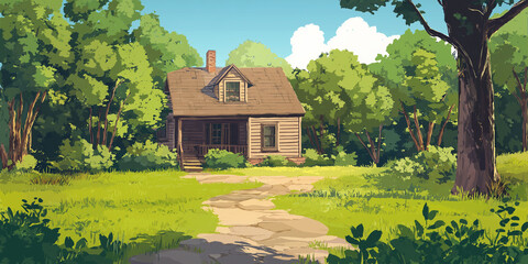 Wall Mural - Old wooden farmhouse surrounded by trees with a stone path leading to the front entrance, flat illustration