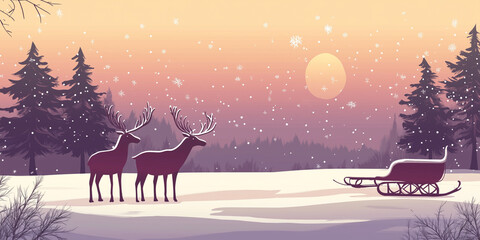 Wall Mural - Reindeer standing in a snowy field with a nearby sleigh, flat illustration