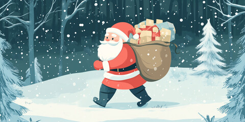 Wall Mural - Santa Claus walking through a snowy forest with a large sack of gifts, flat illustration