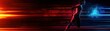 © Tonton1541 - Dynamic silhouette of a runner in motion, capturing speed and energy with vibrant light trails in red and blue.