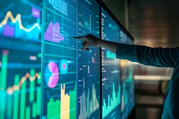 Wall Mural - A person is actively engaged in a discussion, pointing at a large screen filled with colorful graphs and data analytics in a business setting