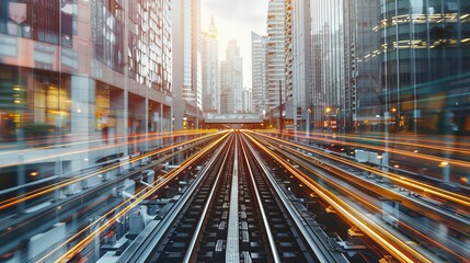 Wall Mural - Dynamic cityscape showcasing railway tracks leading through skyscrapers, capturing the essence of urban transportation and movement.