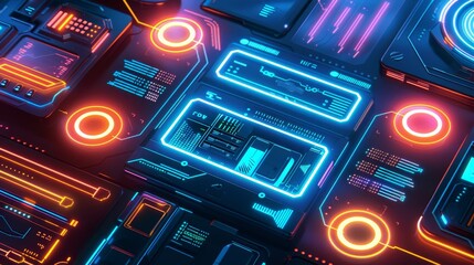 Futuristic digital interface with glowing neon elements, perfect for technology and gaming themes.