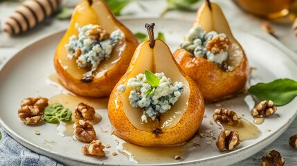 Wall Mural - Gourmet Delight: Baked Pears with Blue Cheese, Walnuts, and Honey on Elegant White Plate, Culinary Presentation on Light Background