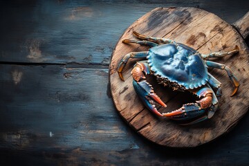 Wall Mural - Boiled blue swimming crab parts arranged on a wooden cutting board against a dark background, ready for culinary preparation