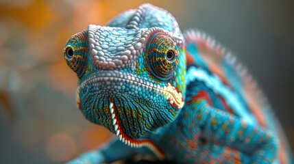 Wall Mural - A colorful chameleon perched on a branch in a lush forest during early morning light