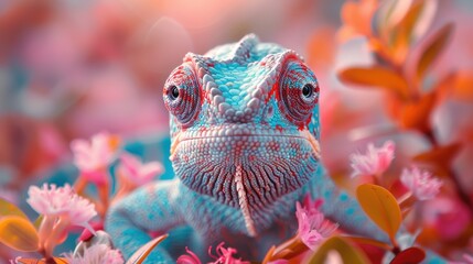 Wall Mural - A colorful chameleon perched among vibrant flowers in a lush garden during daylight