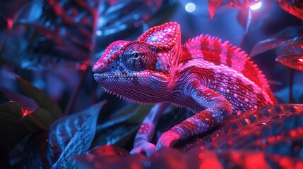 Wall Mural - Colorful chameleon resting among vibrant tropical foliage during nighttime