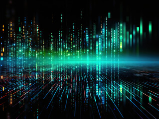 Matrix style binary code digital falling numbers blue background.