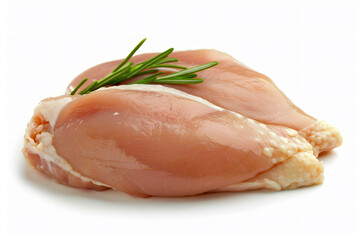 Raw chicken breast with sprig of herbs ready for culinary use or meal planning. Isolated on white background