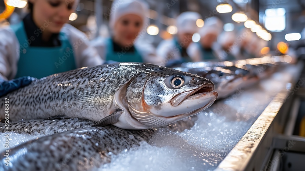 Fish Worker A line of workers in protective clothing handling fresh fish on an icy ...
