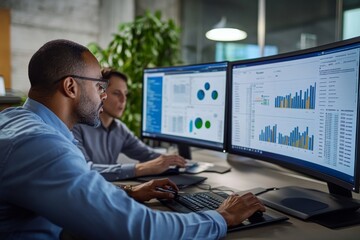 Wall Mural - Two business professionals work together, reviewing detailed data visualizations and spreadsheets on large monitors in a contemporary office environment