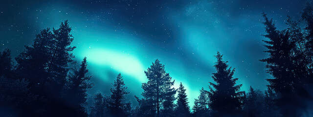 Poster - A dark sky with a blue aurora and trees in the background