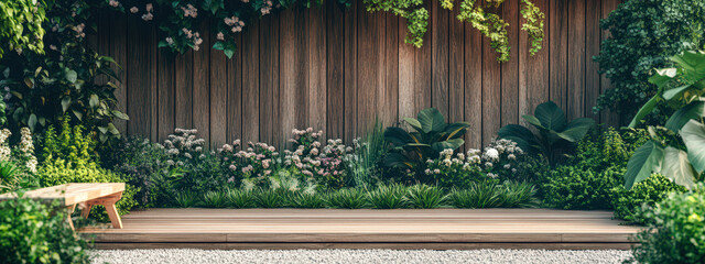 Canvas Print - A wooden fence with a bench and a garden in front of it