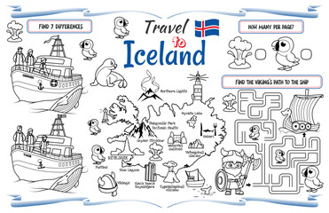 Wall Mural - A fun placemat for kids. Printable “Travel to Iceland” activity sheet with a labyrinth and find the differences. 17x11 inch printable vector file