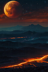 Wall Mural - AI Generated Surreal Planetary Scene: Eruptions and Glowing Light over Dark Mountains