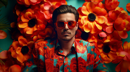 Wall Mural - contemporary pop art portrait of handsome man human in stylish outfit on a blooming flower backgroun