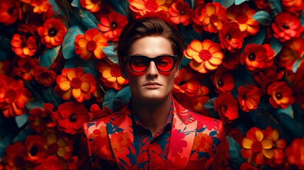 Wall Mural - contemporary pop art portrait of handsome man human in stylish outfit on a blooming flower backgroun