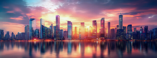 Wall Mural - a city skyline is reflected in the water, with the sun setting in the background