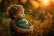 © Ilja - Peaceful Toddler Boy Embraces a Miniature Globe with Eyes Closed Amidst a Golden, Sunlit Field