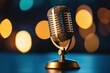 © Tonton54 - A vintage microphone on a table with blurred lights in the background, perfect for music and podcast themes.
