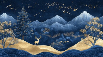 An elegant deer stands amidst a serene night landscape with mountains, trees, and a starry blue sky, blending natural beauty with mythical artistry, perfect for fantasy themes.